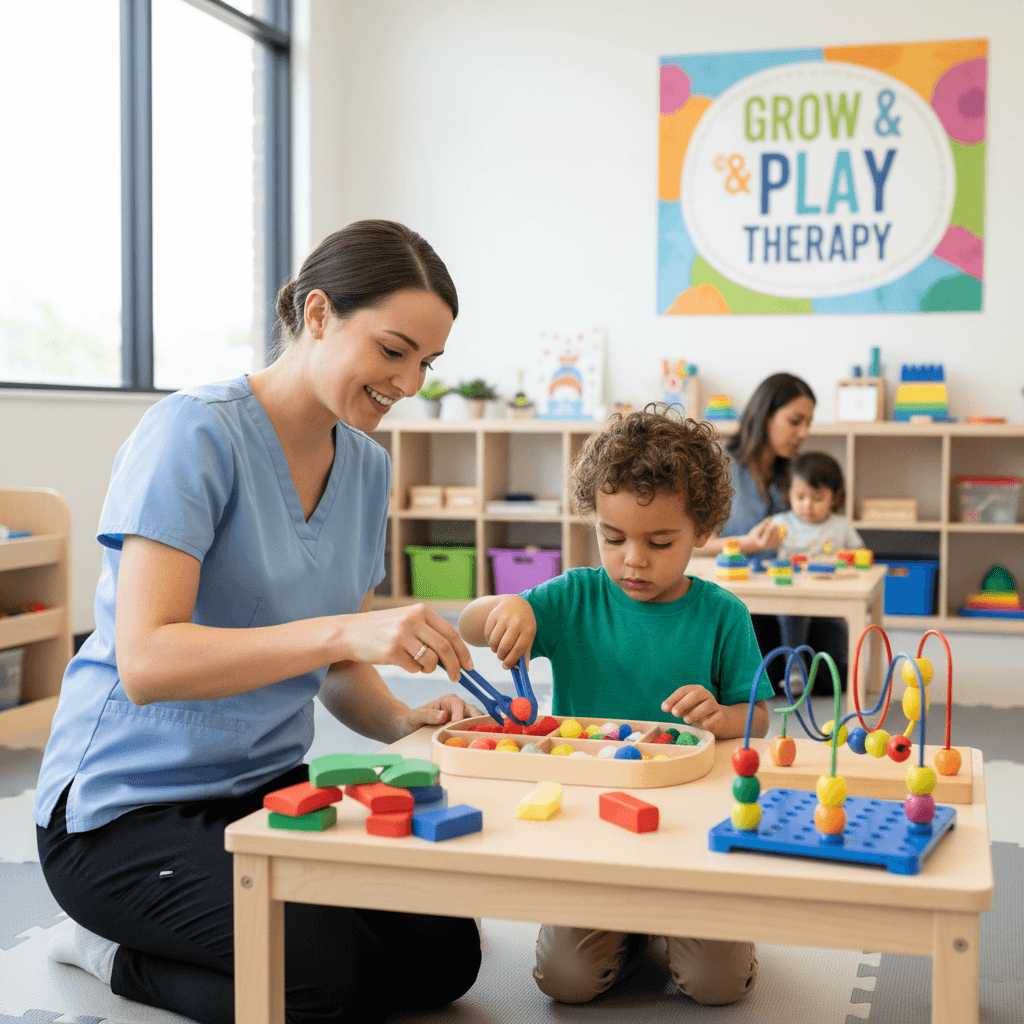 Occupational therapist working with pediatric patient on fine motor skills activity at therapy clinic