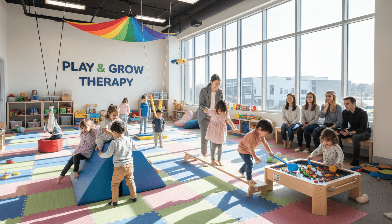 Children engaged in sensory play activities at therapy stations while therapist facilitates and parents observe in bright clinic playroom