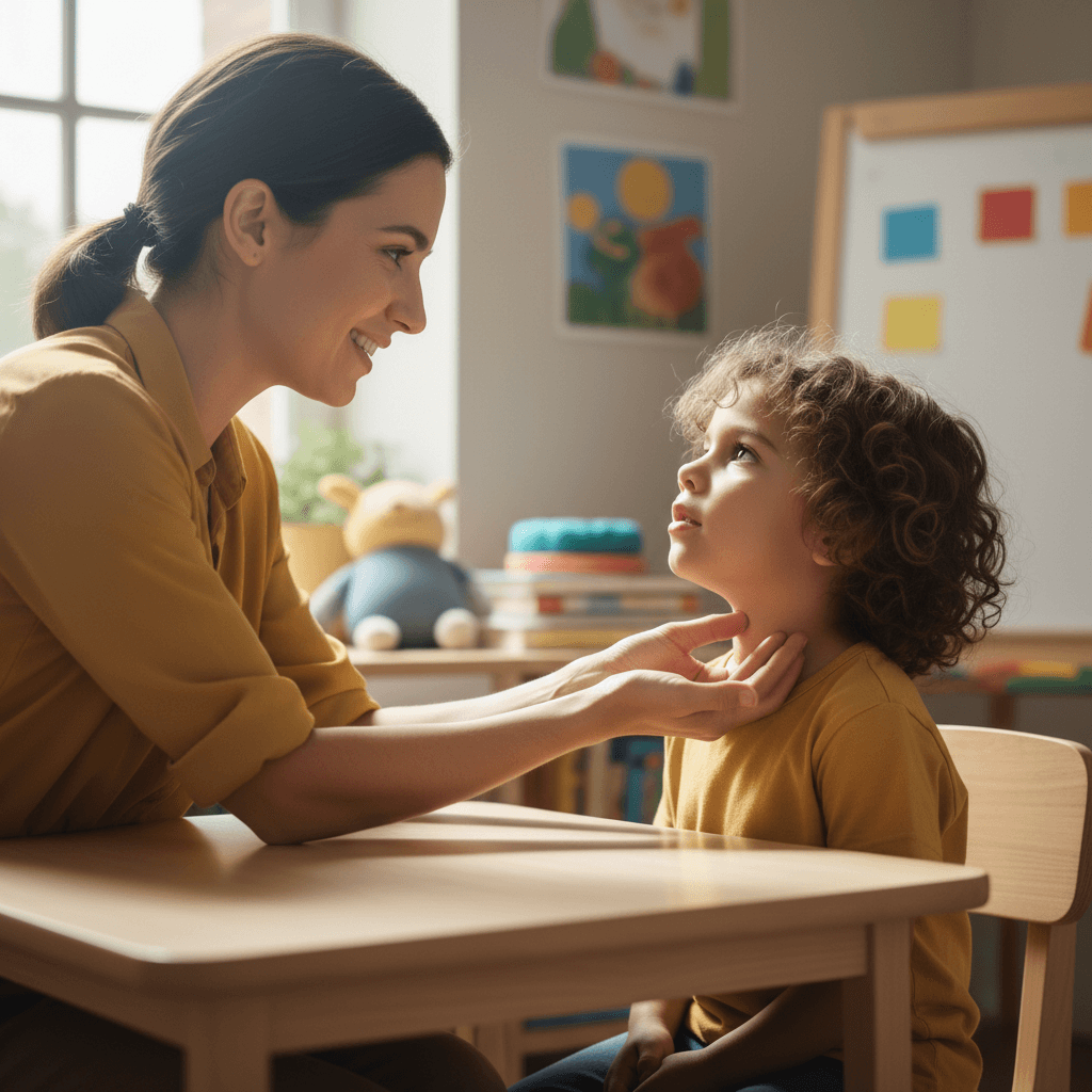 Speech therapist guiding child's hand during vocal exercise at small wooden therapy table with natural light