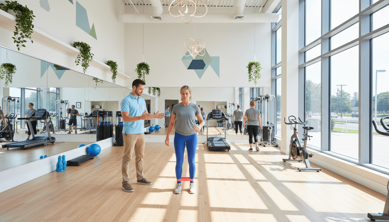 Physical therapist working with patient on strength training in bright modern clinic