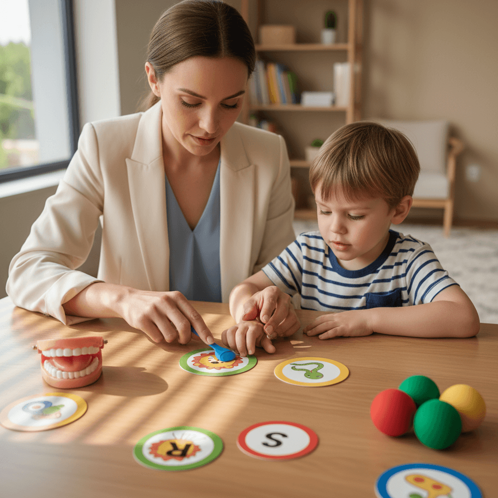 Speech therapist conducting articulation and language development session with pediatric patient